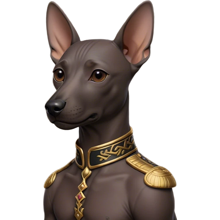 Cinematic Noble Xoloitzcuintle dog Portrait Emoji, Poised and regal, with a sleek, muscular build and smooth, hairless ebony skin accented by subtle wrinkles, deep-set soulful dark eyes, Simplified yet sharp and sophisticated features, highly detailed, glowing with a soft, dignified glow, high shine, intelligent and loyal, stylized with an air of ancient grace, focused and attentive, soft glowing outline, capturing the essence of a watchful and confident guardian, so majestic it feels as though it could stride out of the screen with effortless authority! emoji