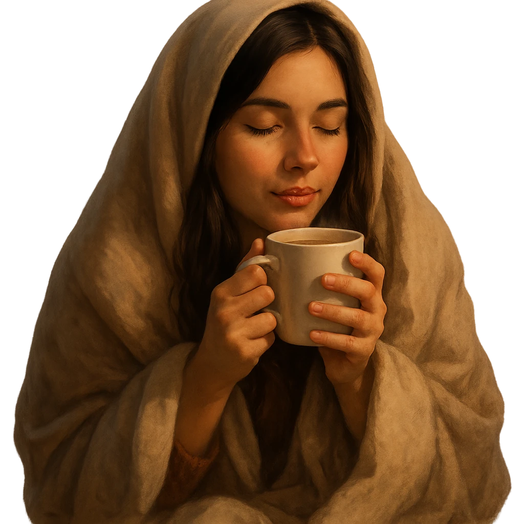 girl brunette inside a blanket sipping coffee, eyes closed, cozy and warm atmosphere, variation 1 emoji