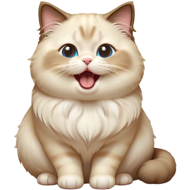 Cinematic Cute Chubby Ragdoll Cat Portrait Emoji, Head tilted playfully and yawning, round and plump body with soft, silky fur in a mix of light and darker points, Simplified yet adorable features, highly detailed, glowing with a warm, friendly glow, high shine, curious yet calm, stylized with a touch of whimsy, bright and endearing, soft glowing outline, capturing the essence of a mischievous yet loving and lazy kitty, so cute it feels like it could stretch out of the screen and cuddle! emoji