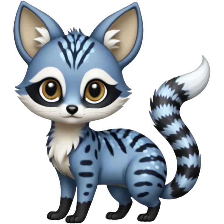 Snowy frosty Snow-lane chibi big-eyed sparkly-eyed animesque derpy cute graceful dark-blue-pointed Civet-Genet-Numbat-Ocelot-Ocicat-hybrid-fusion, full body, tufted short tail, long big ears, short muzzle, whiskers, random markings emoji