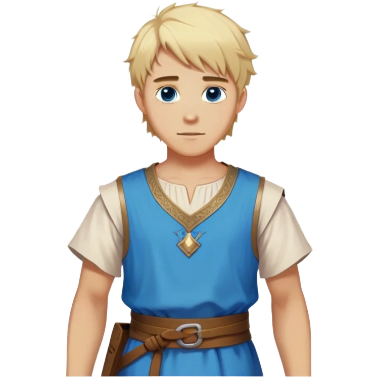 medieval summer outfit worn by a DnD themed fantasy character. basic lightweight sleeveless tunic with a decorative trim along the edges. clothes only above the waist. The clothes full waist. The character's haven't arms. character is blonde hair, blue eyes, short messy hair, white-skinned man. emoji