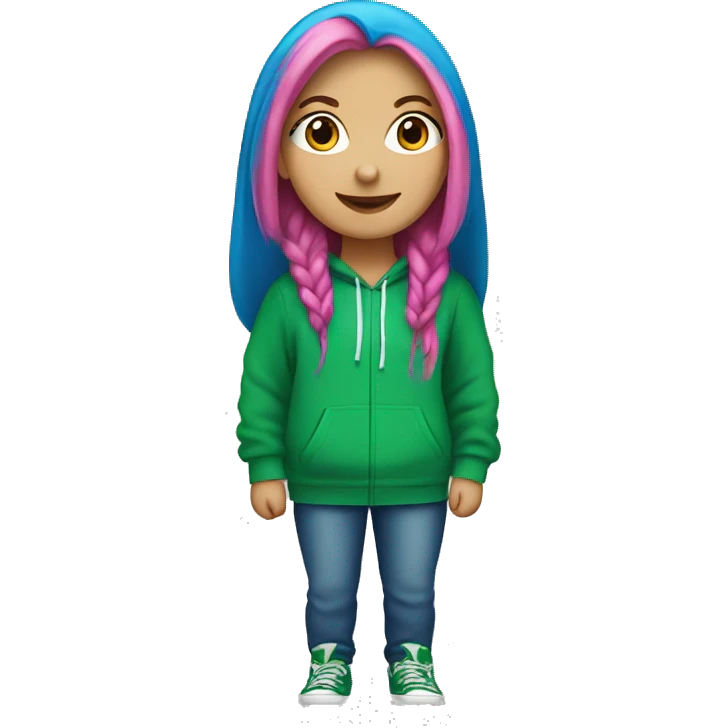 white girl with long bright blue hair wearing primary green hoodie emoji