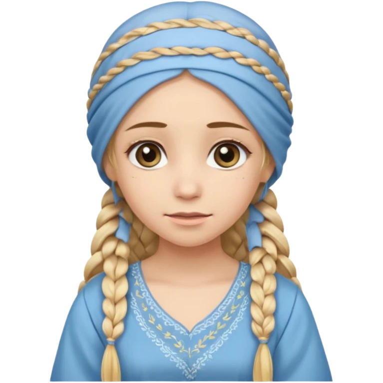 
mujer, Joven, de aspecto dulce y elegante.
Piel clara, ojos grandes y expresivos, sonrisa triste.
Rubio o castaño claro, largo, con trenzas o velo.
Vestido largo de tonos suaves (blanco, azul o lavanda), con bordados dorados; toca fina cubriendo la cabeza
 emoji