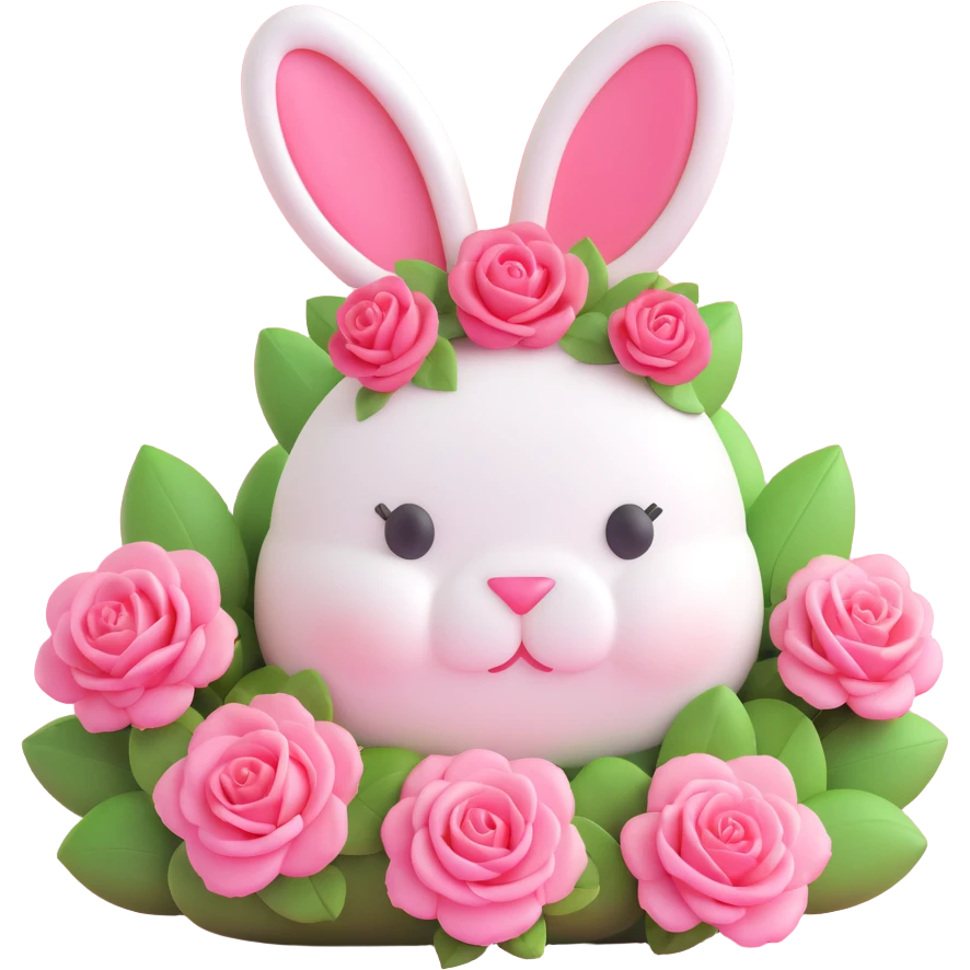 A cute pink bunny-shaped macaron dessert with a flower on its head and pink roses around it emoji