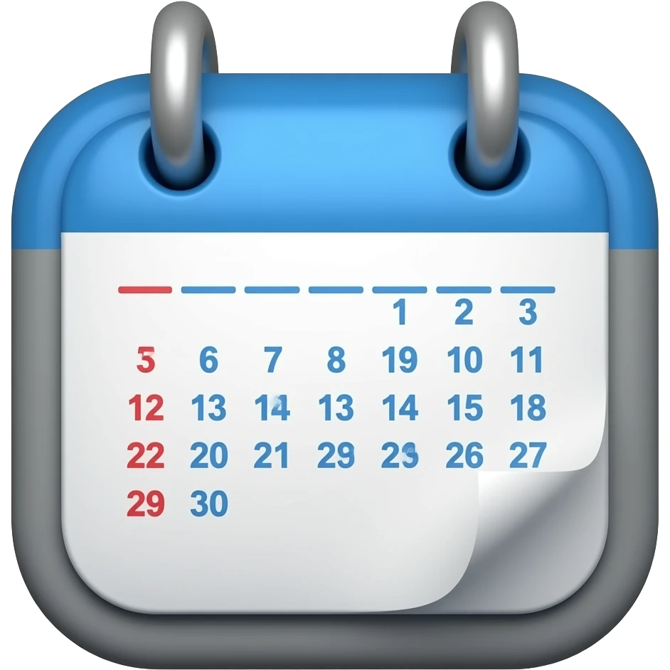 Create a 3D emoji icon of a calendar with no numbers, text, or dates — use dots or lines instead. Color palette: Deep blue (#00008B), Sky blue (#87CEEB), Sky white (#F5F5F5), Coastal grey (#808080). Add subtle shadows for a realistic 3D effect and keep a clean, modern look. emoji