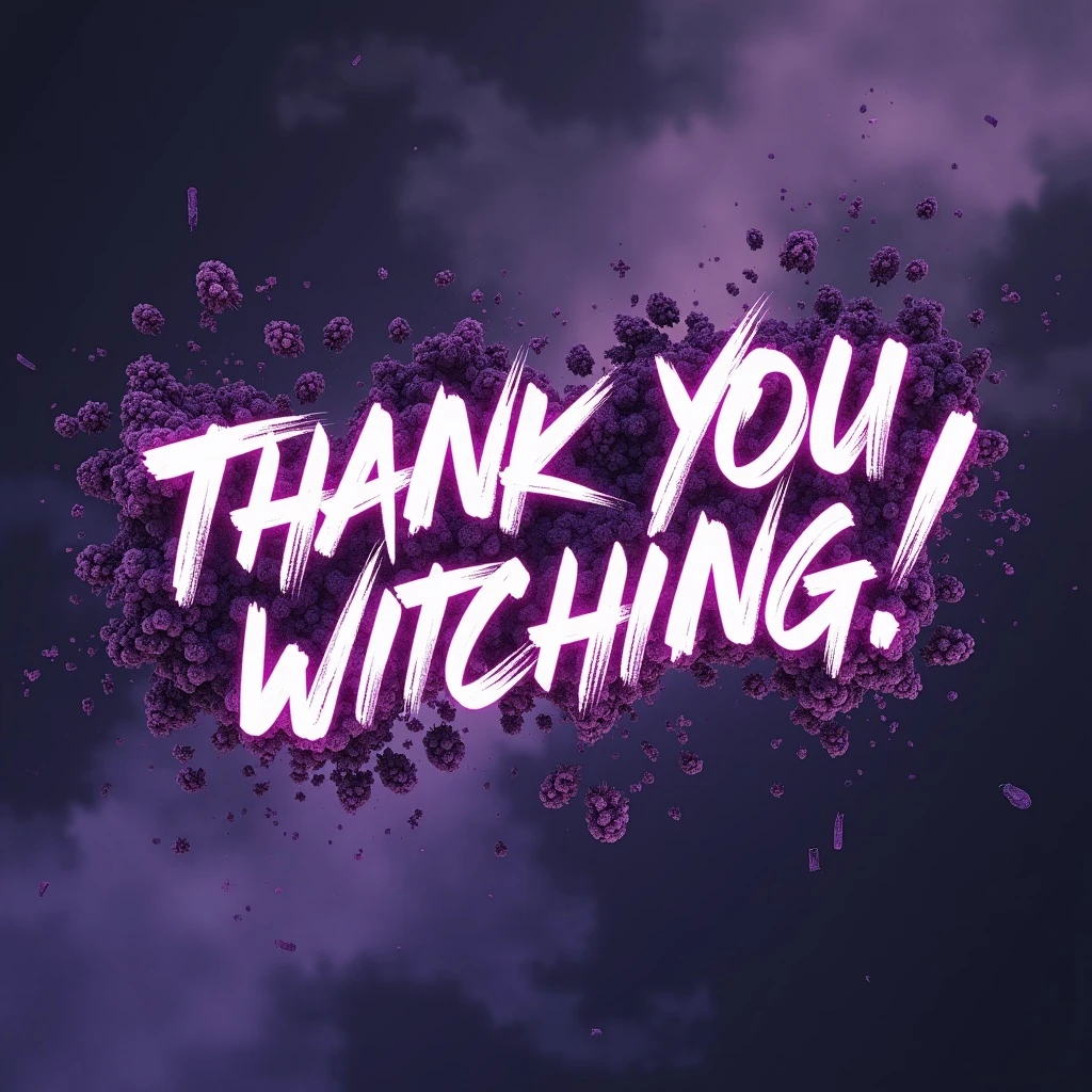 "thank you for watching!" cyberpunk style text splash overlay lavender, streamer overlay, brush-font emoji