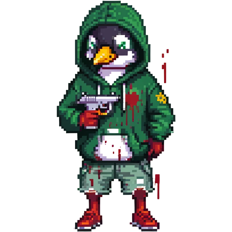 A cute half-dolphin half-penguin thug with a gun, green hoodie with blood stains, wearing Dollar General shorts emoji