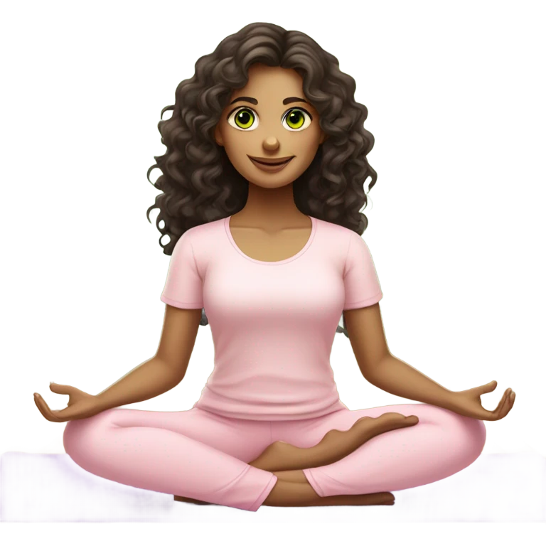 Dark brown long curly hair and green eyes yoga beautiful girl in light pink pink pink clothes sitting on a yoga mat emoji
