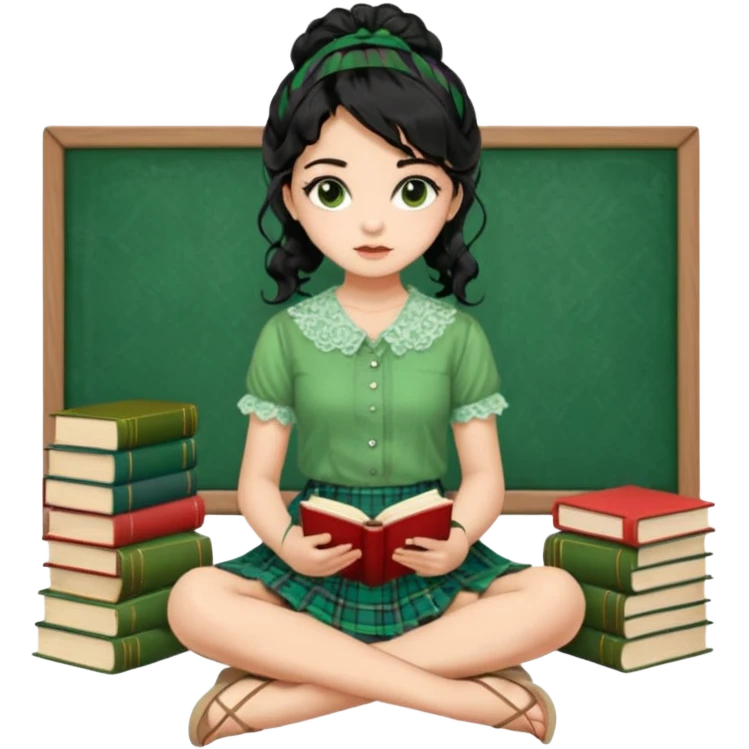 A beautiful girl wears a green lace blouse with short sleeves and a green lace skirt with a plaid pattern. Her long, curly black hair is styled in a messy bun. She holds books and crayons in her hands, and she is barefoot, sitting cross-legged on the floor. The illustration style is pop art. emoji