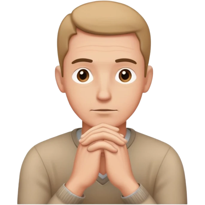thoughtful man, no glasses, hands together in a classic thinking pose emoji