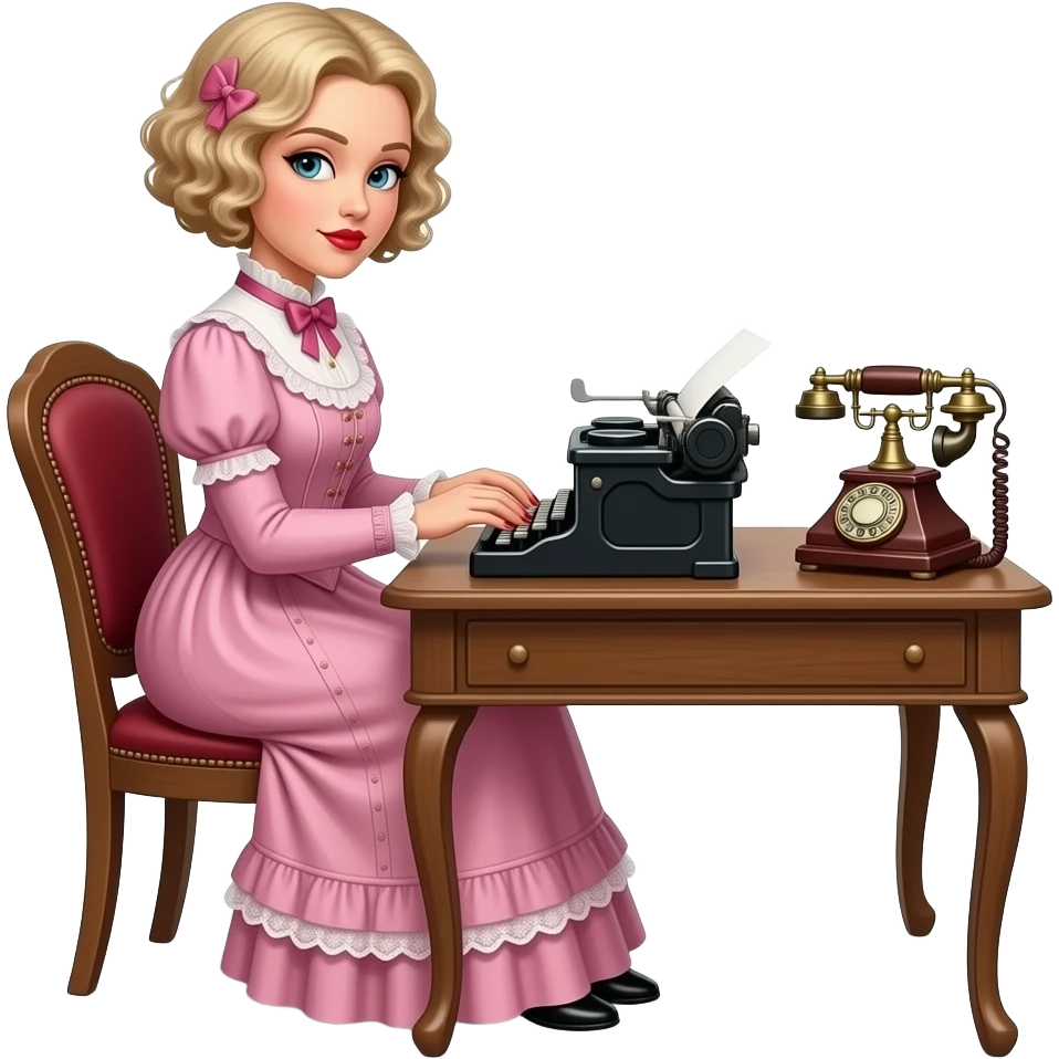short blonde curly pixie bob hair in a 1800 pink outfit sitting down an antique desk with four wood legs, antique phone, and typing on an antique typewriter with red lipstick, red finger nails and in a Victorian setting emoji