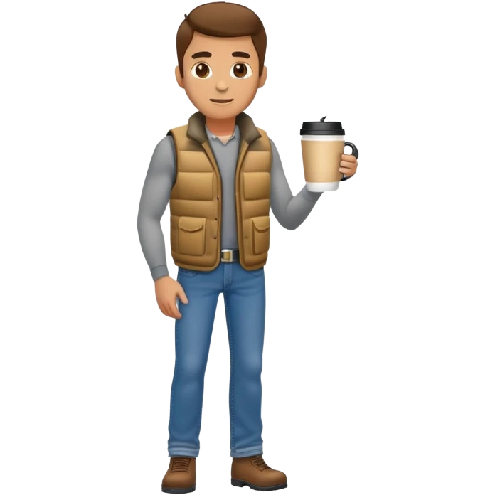 full body man with plain puffy vest and straight jeans holding coffee mug emoji
