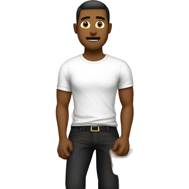 Guy In a white t shirt,with a red crest on the left,with long black pants sitting in a classroom stressed from work  emoji
