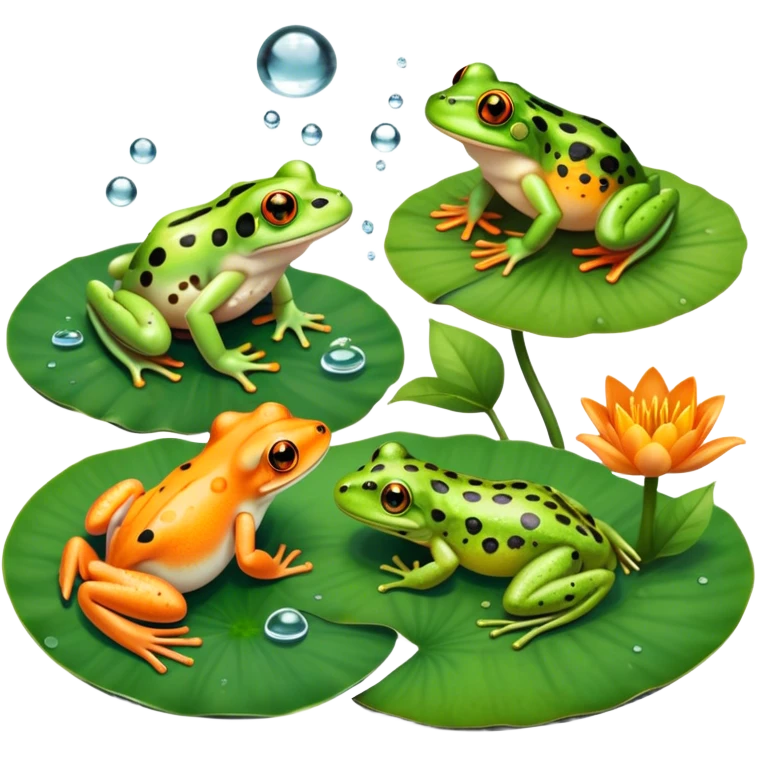 Icon for Amphibians: A colorful collage with various amphibians like a bright green frog sitting on a lily pad, a small salamander with orange spots, and a toad with bumpy skin. Water droplets around them and a pond in the background. Transparent background. emoji