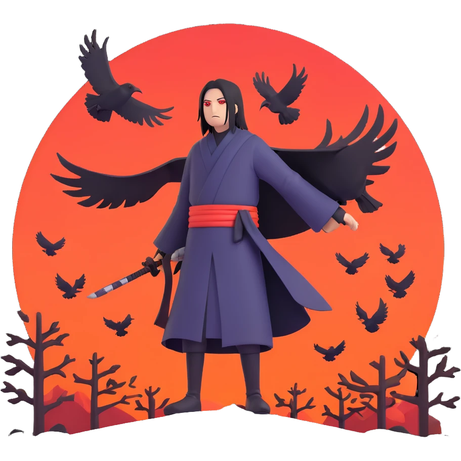 Itachi Uchiha themed emoji showing silhouette with crows flying, referencing genjutsu, modern emoji style emoji