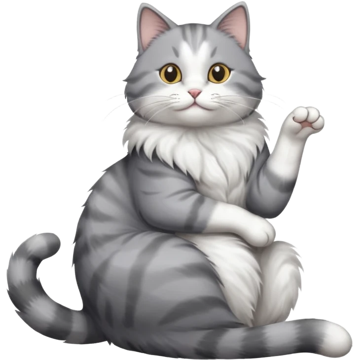 grey and white cat doing a big long stretch emoji