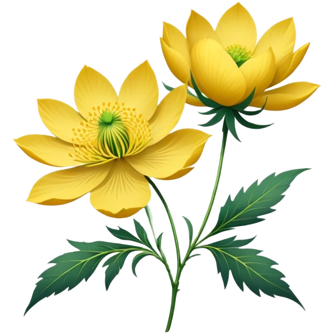 Japanese style Fukujuso (Adonis amurensis) flower in ukiyo-e inspired design, bright golden-yellow petals, green feathery leaves, traditional composition on subtle rice paper texture emoji