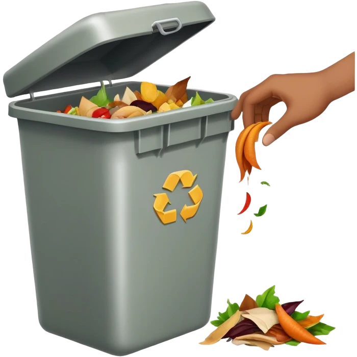 hand dropping food scraps into a trash bin, clean and expressive emoji