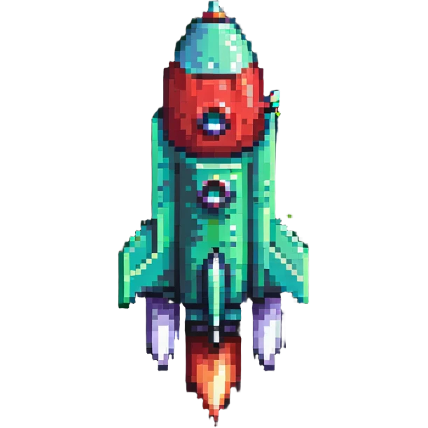 sleek pixel art rocket with green to red gradient, shooting diagonally to the upper right corner emoji