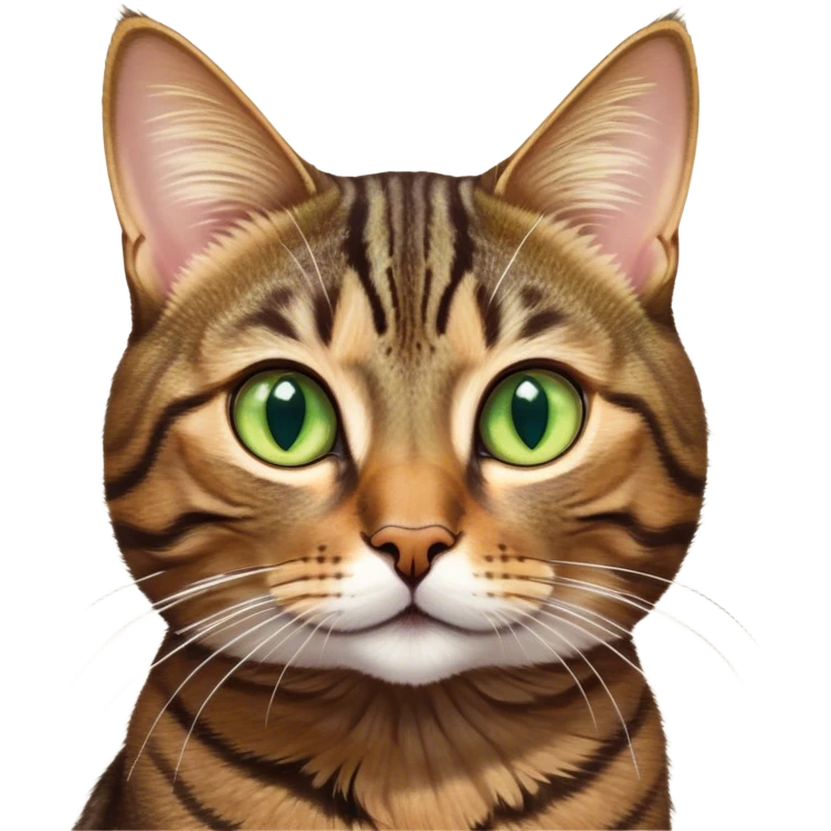 Cinematic Cute Brown Tabby Cat Portrait Emoji, Head tilted playfully and inquisitively, soft brown fur with rich dark tabby stripes and a distinctive M-shaped marking on the forehead, wide, sparkling golden-green eyes filled with curiosity, Simplified yet irresistibly adorable features, highly detailed, glowing with a warm, friendly glow, high shine, affectionate and lively, stylized with a touch of whimsy, bright and endearing, soft glowing outline, capturing the essence of a mischievous yet loving kitten, so playful it feels like it could pounce out of the screen and into your arms! emoji
