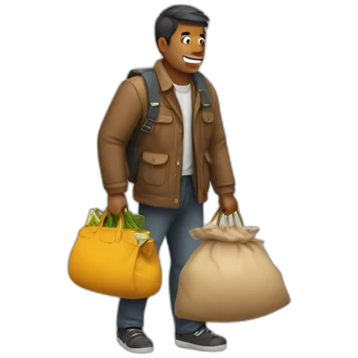 man with overloaded bag with money emoji
