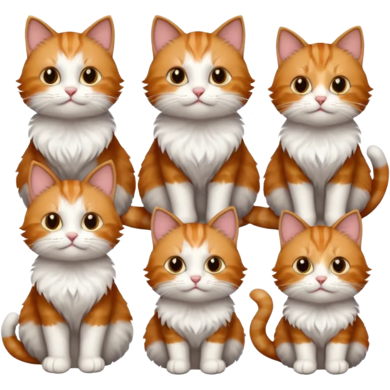 6 cats: 1 small ginger and white, 1 small brown tabby and white, 1 small grey and white, 1 big grey and white, 1 mostly grey with white paws and small white patch on chest and 1 calico emoji