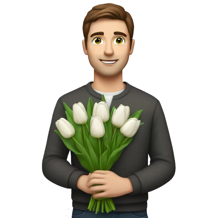 man with brown hair and green eyes holding a bouquet of white tulips emoji