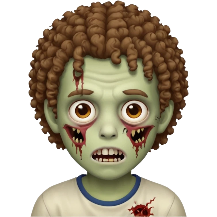 menino com cabelo cacheado e olhos marrons, com boca de zumbi emoji
