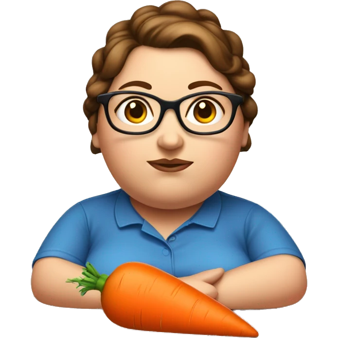 Fat lady with brown hair in a bun wearing glasses and a blue shirt staring at a carrot on a brown desk emoji