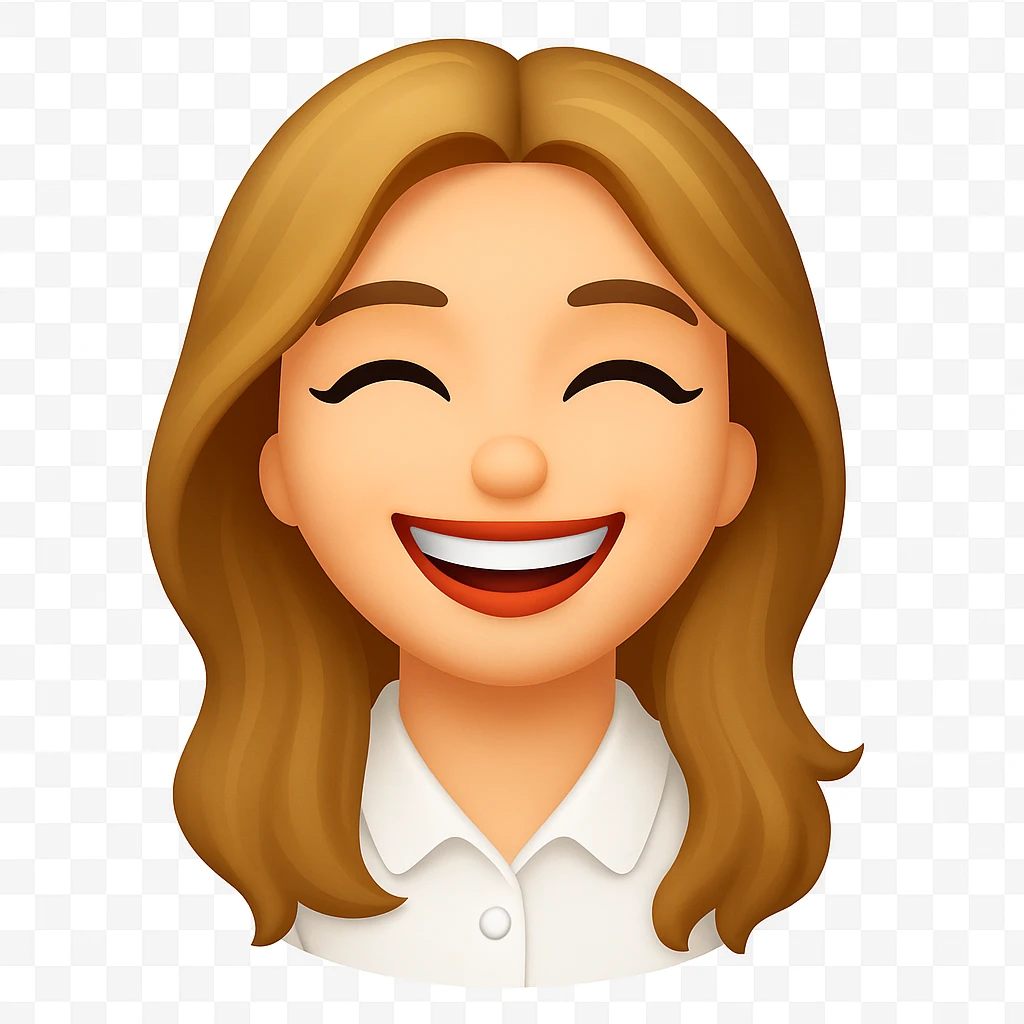 Remove any apple elements from the image and delete the background, keeping only the blonde with long hair and swamp eyes laughing. The style should resemble apple emoji style but use the general editor for best editing support. Transparent background. emoji