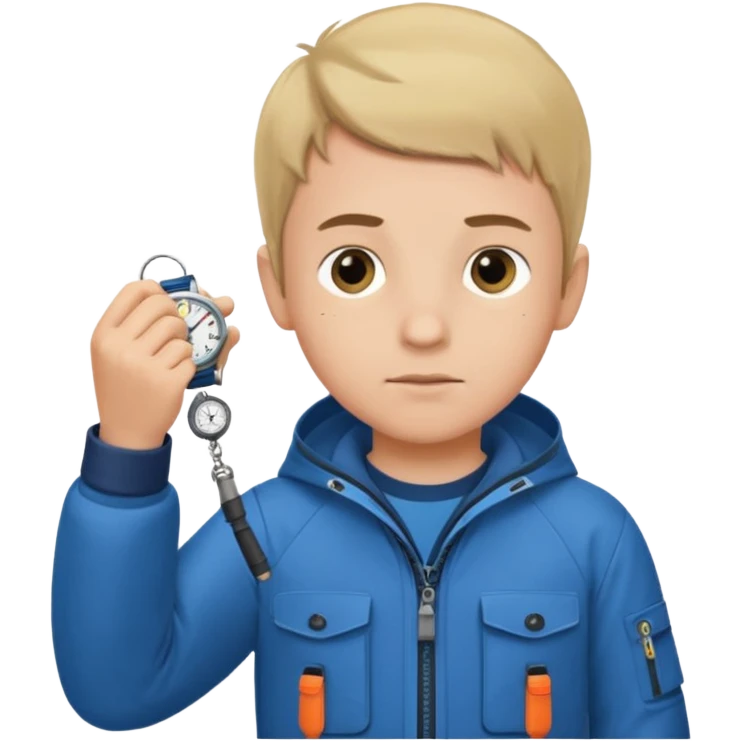 Boy in fishing suit looking at his wristwatch emoji