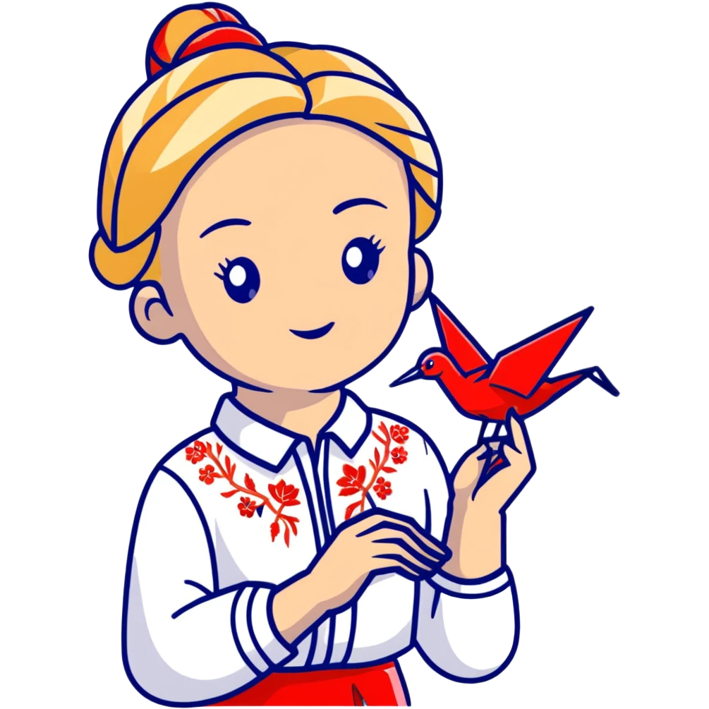 Ukrainian young girl with blonde braided hair wearing a white traditional embroidered shirt (vyshyvanka) holding a red origami paper crane in her hands emoji