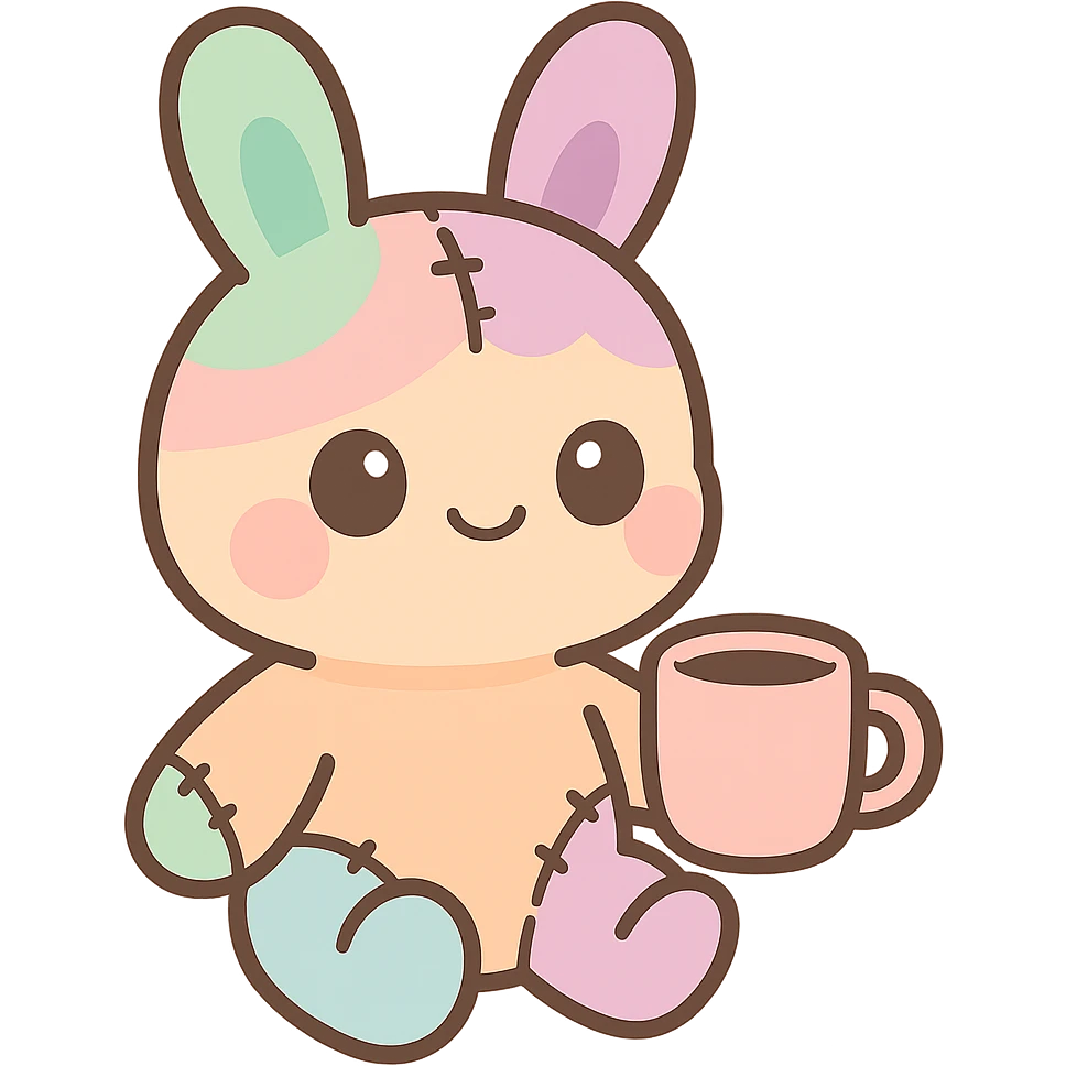 stitched-up rainbow-colored cartoon bunny, feminine features, holding coffee mug, adorable emoji