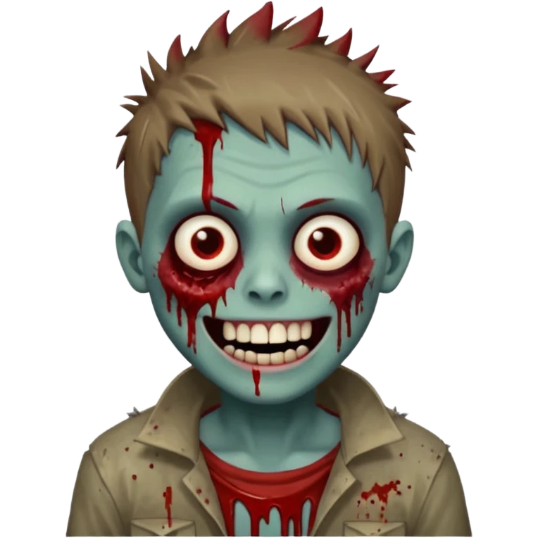 zombie boy with brown short spiky hair, white skin, and white eyes; an open smile, and bloodied teeth; emoji