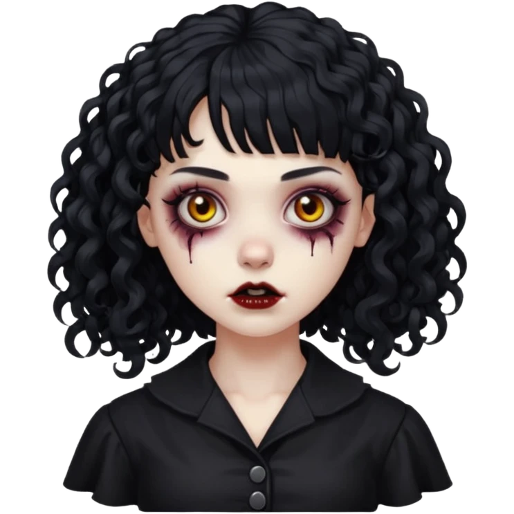 Faça uma mulher zumbi com o cabelo cacheado médio, e uma franja cacheada, cabelo preto e deixe ela meio gótica. emoji