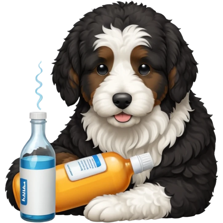A black Bernedoodle with a white chest and a white tip on the end of his tail. Sleeping next to a bottle of Advil  emoji