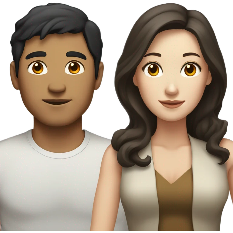 A pale half Asian man with short dark hair and white woman with long wavy brunette hair dancing together emoji