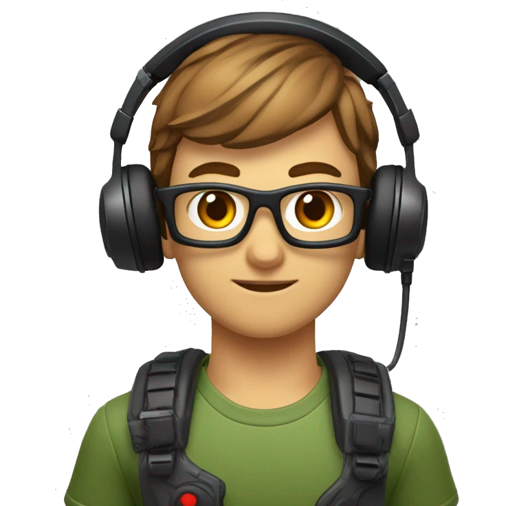 Gamer mit Glatze, schwarzes Headset mit schwarz-grünen Katzenohren, kurzer rot-brauner Vollbart, grau-blaue Augen emoji