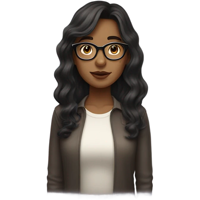 female nerd with medium long semi wavy hair with super dark brown hair and translucent glass frames and give her curtain bangs emoji