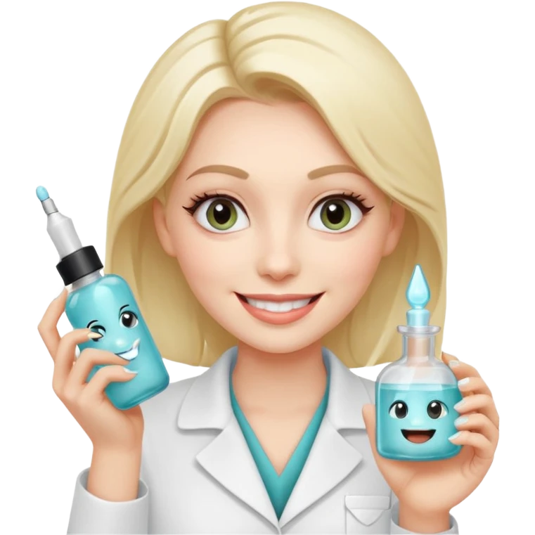A smiling beautician with cold, calculating eyes, pointing at your cheek while holding an expensive serum bottle. Fake smile, predatory vibe. emoji
