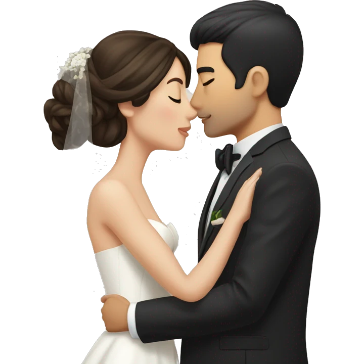 Bride with brunette hair and fair skin kissing groom with black hair and beige skin emoji
