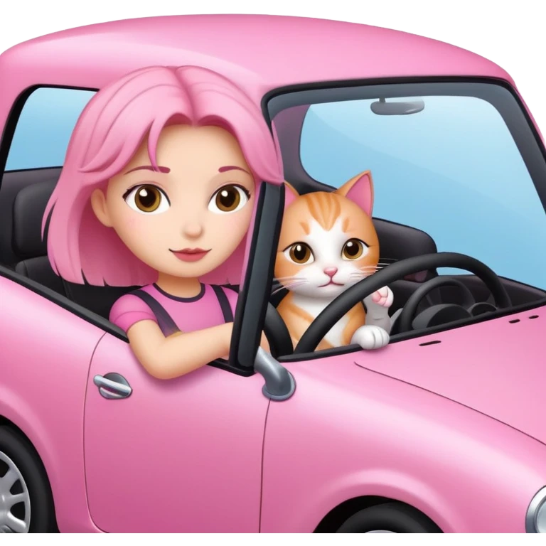 Girl driving a pink car with her cat emoji