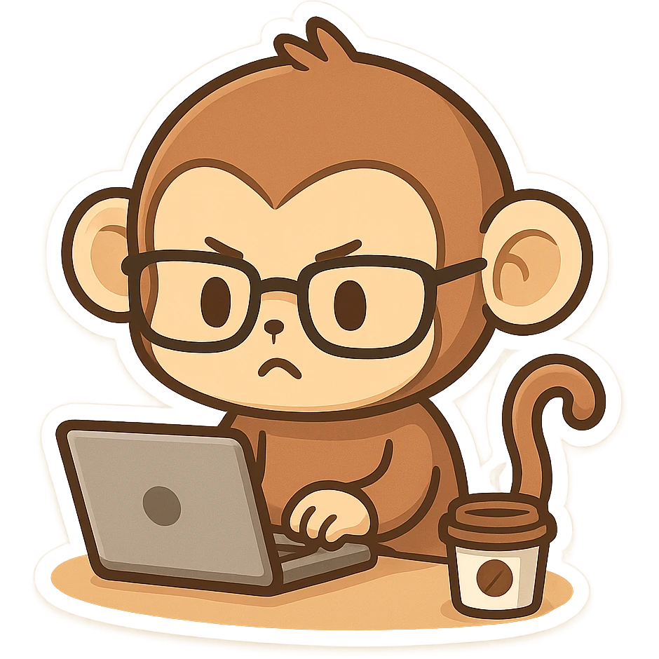 cute style monkey wearing glasses working seriously on laptop, coffee cup on desk emoji