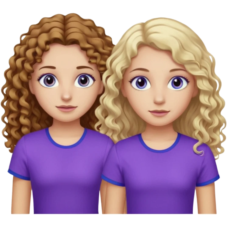 Twin sisters, one has brown eyes, long curly brown hair, the other one has blue eyes and straight blond hair purple top emoji