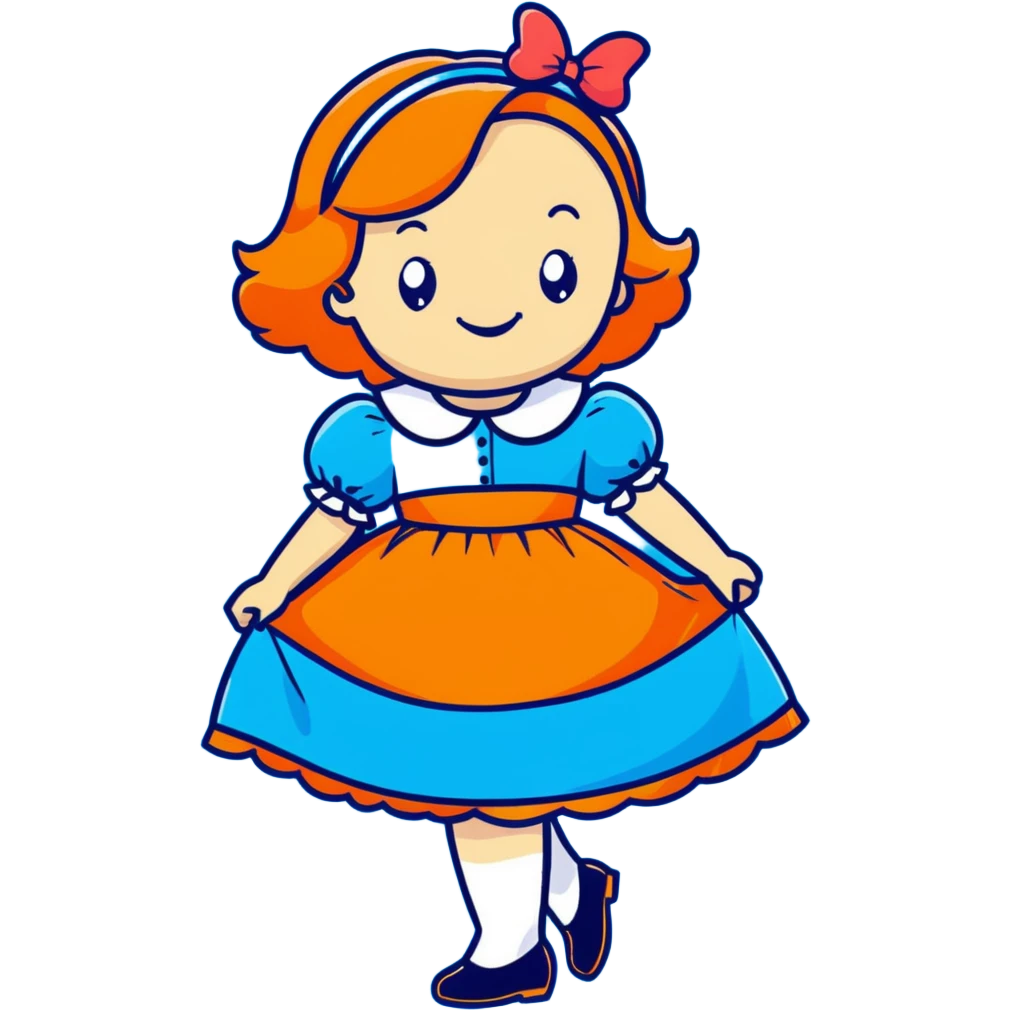 Disney's animated Alice in Wonderland curtseying with a bright cheerful smile in her blue dress emoji