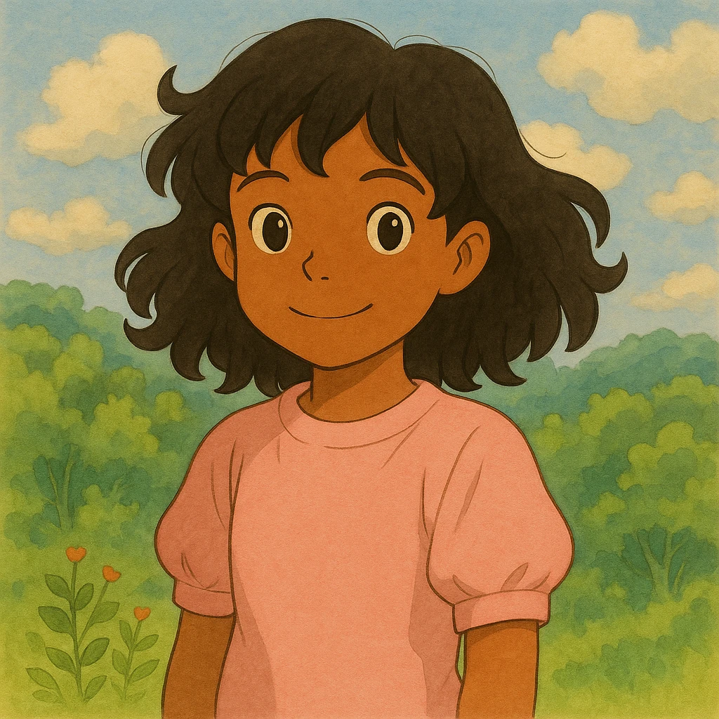 Make the black wavy hair arm length, keep the brown girl and cute light pink shirt, ghibli-inspired style emoji