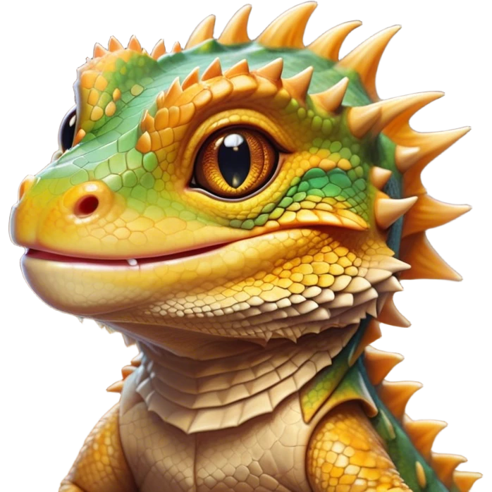 Cinematic Cute Bearded Dragon Portrait Emoji, Head tilted playfully and inquisitively, featuring a glossy, scaled hide in warm olive hues with an adorably scrunched spiky beard and round, sparkling eyes full of curious mischief, Simplified yet irresistibly adorable features, highly detailed, glowing with a warm, friendly glow, high shine, affectionate and lively, stylized with a touch of rugged whimsy, bright and endearing, soft glowing outline, capturing the essence of a mischievous yet loving dragon, so playful it feels like it could scamper out of the screen into your arms! emoji