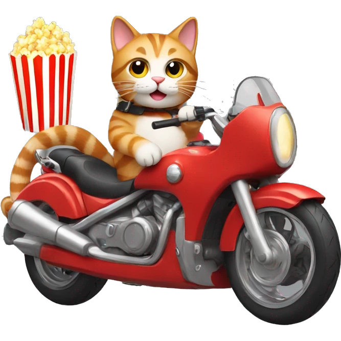 A cat holding popcorn while on a red motorcycle emoji