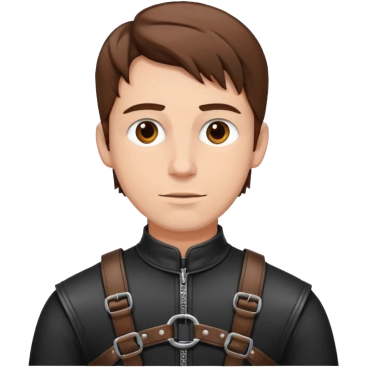 A man with brown hair standing in a black leather harness pissing emoji