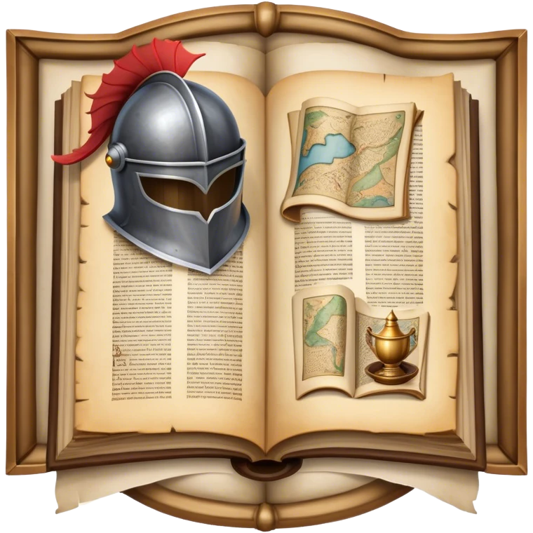 Icon for Historical Fiction Reading: an open book with pages showing ancient scrolls, a quill, a large knight's helmet, bowl and a parchment map. The icon should evoke the adventure and grandeur of historical settings and storytelling. Transparent background. emoji